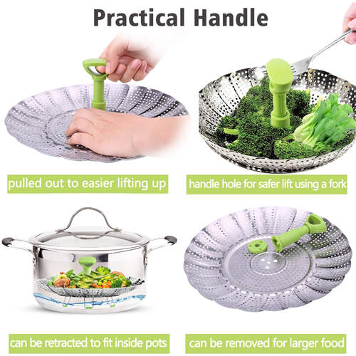 Consevisen Steamer Basket Stainless Steel Vegetable Steamer Basket Folding Steamer Insert for Veggie Fish Seafood Cooking, Expandable to Fit Various Size Pot (7.1