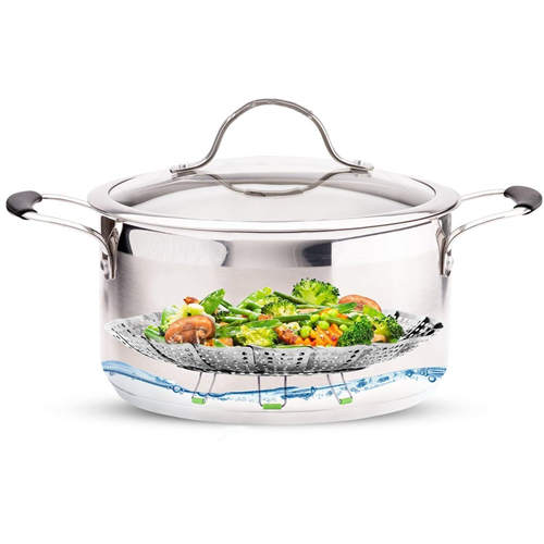 Consevisen Steamer Basket Stainless Steel Vegetable Steamer Basket Folding Steamer Insert for Veggie Fish Seafood Cooking, Expandable to Fit Various Size Pot (7.1