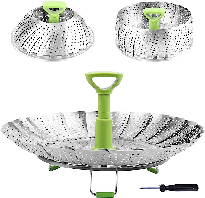 Consevisen Steamer Basket Stainless Steel Vegetable Steamer Basket Folding Steamer Insert for Veggie Fish Seafood Cooking, Expandable to Fit Various Size Pot (6.4