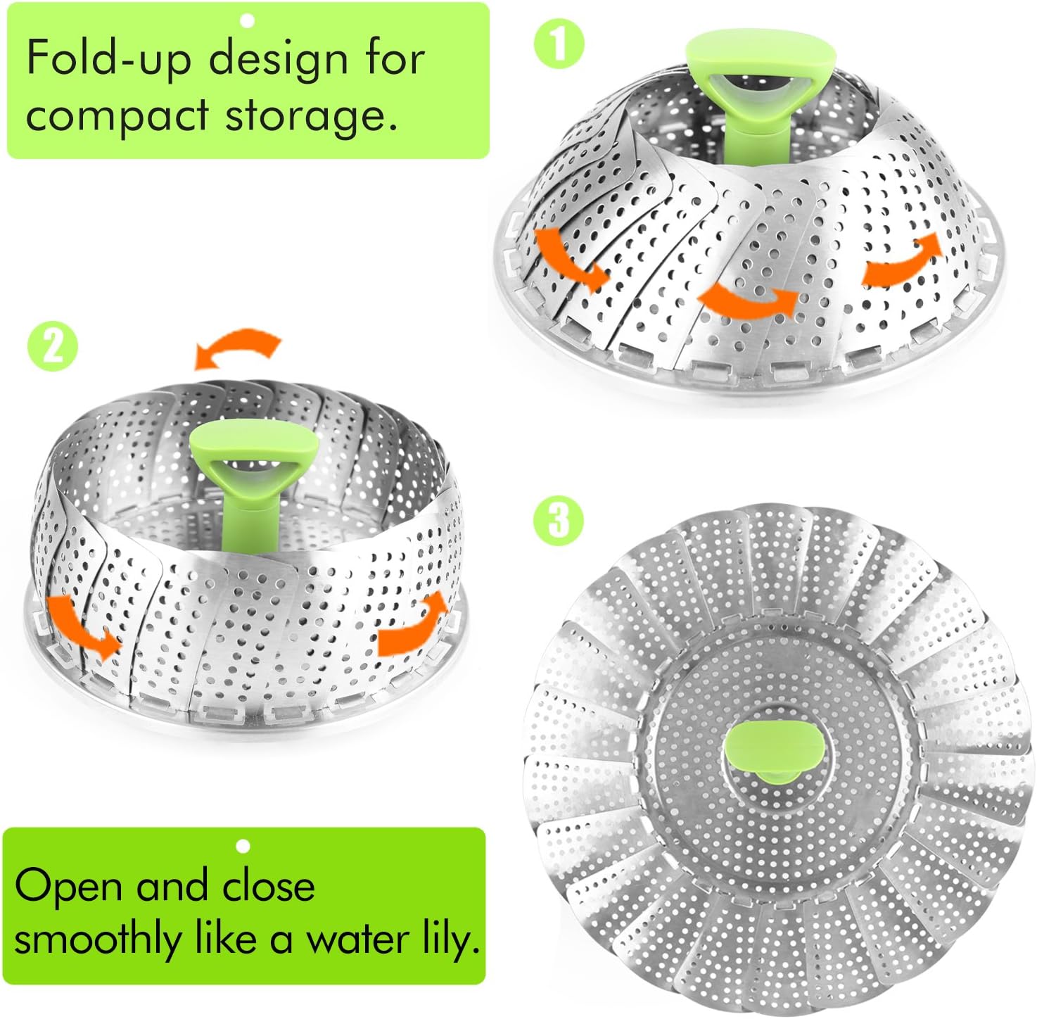 Consevisen Steamer Basket Stainless Steel Vegetable Steamer Basket Folding Steamer Insert for Veggie Fish Seafood Cooking, Expandable to Fit Various Size Pot (6.4