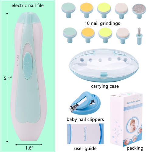 Baby Nail File Electric Nail Trimmer Manicure Set with Nail Clippers, Toes Fingernails Care Trim Polish Grooming Kit Safe for Infant Toddler Kids or Women, LED Light and 10 Grinding Heads (White/Teal)