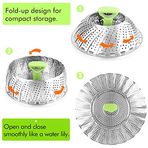 Consevisen Steamer Basket Stainless Steel Vegetable Steamer Basket Folding Steamer Insert for Veggie Fish Seafood Cooking, Expandable to Fit Various Size Pot (5.1