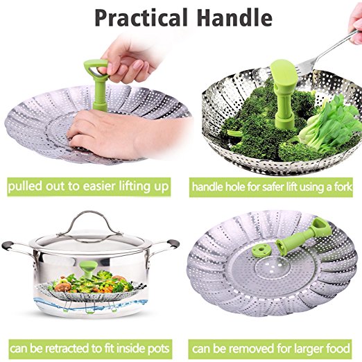 Consevisen Steamer Basket Stainless Steel Vegetable Steamer Basket Folding Steamer Insert for Veggie Fish Seafood Cooking, Expandable to Fit Various Size Pot (5.1