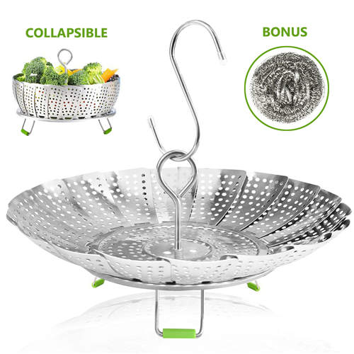 Consevisen Vegetable Steamer Basket Stainless Steel Collapsible Steamer Insert for Steaming Veggie Food Seafood Cooking, Metal Handle Foldable Legs, Fit Various Pot Pressure Cooker (5.3