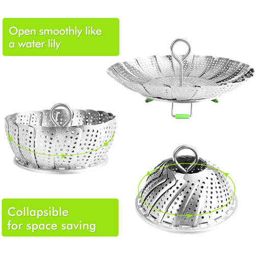 Consevisen Vegetable Steamer Basket Stainless Steel Collapsible Steamer Insert for Steaming Veggie Food Seafood Cooking, Metal Handle Foldable Legs, Fit Various Pot Pressure Cooker (5.3