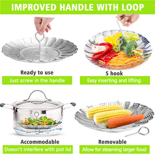 Consevisen Vegetable Steamer Basket Stainless Steel Collapsible Steamer Insert for Steaming Veggie Food Seafood Cooking, Metal Handle Foldable Legs, Fit Various Pot Pressure Cooker (5.3