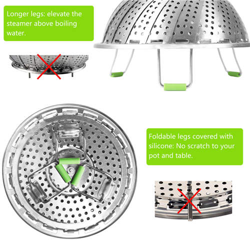 Consevisen Vegetable Steamer Basket Stainless Steel Collapsible Steamer Insert for Steaming Veggie Food Seafood Cooking, Metal Handle Foldable Legs, Fit Various Pot Pressure Cooker (5.3